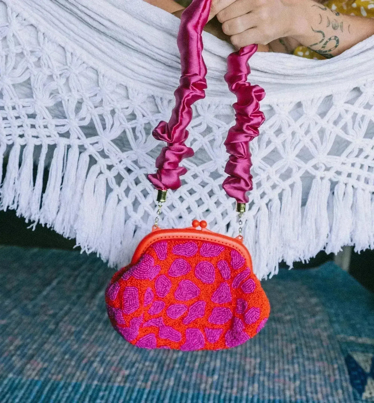 ARNOLDI JEAN Hand-beaded Clutch, in Red &amp; Pink