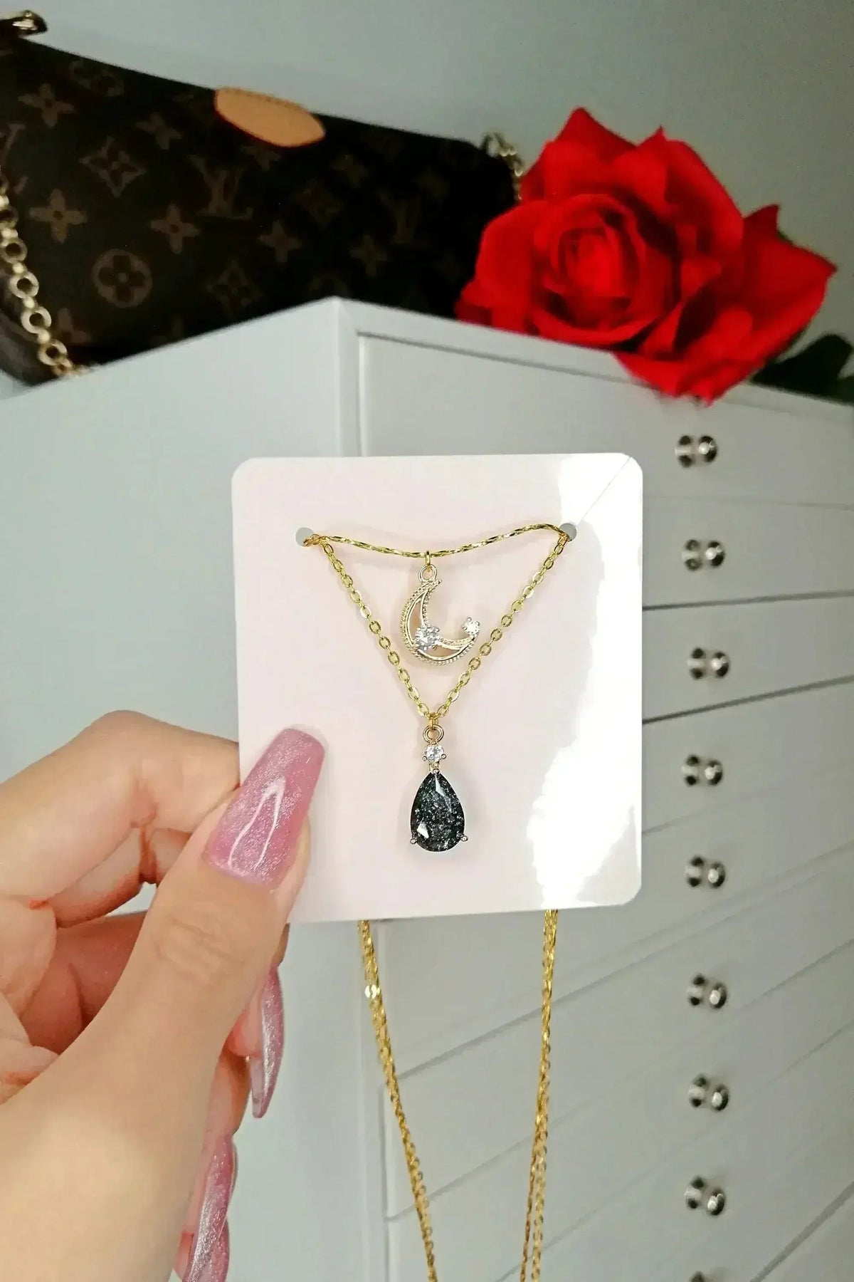 Celestial Moon Necklace - 18K Gold &amp; CZ Charms | Femstylo