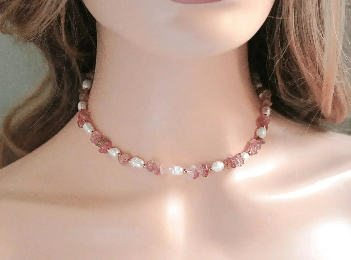Natural Strawberry Quartz Crystal &amp; Freshwater Pearls Choker