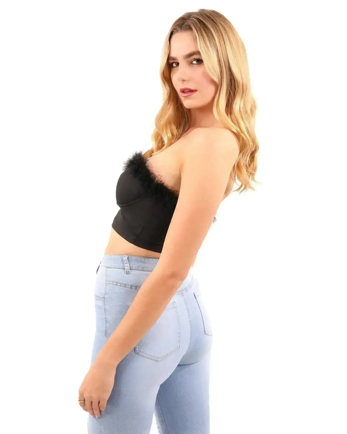 Fur Trim Crop Top | Sexy Black Top | Hook &amp; Eye Back