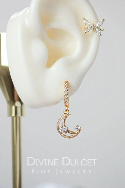 Moon Hoop Earrings - 24K Gold &amp; Cubic Zirconia | Femstylo