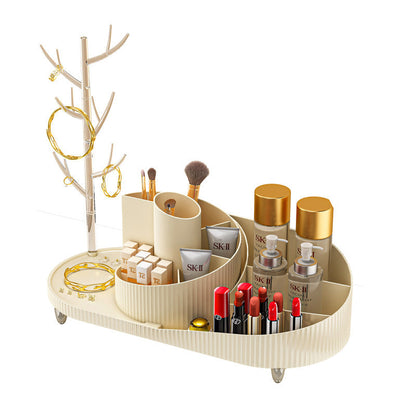 Rotating Makeup Organizer With Jewelry Storage  Large Capacity Cosmetic Display Case Holds 20 Brushes, 10 Lipsticks, 8 Skincare Products 360 Spinning Vanity Organizer For Countertop &amp; Bathroom