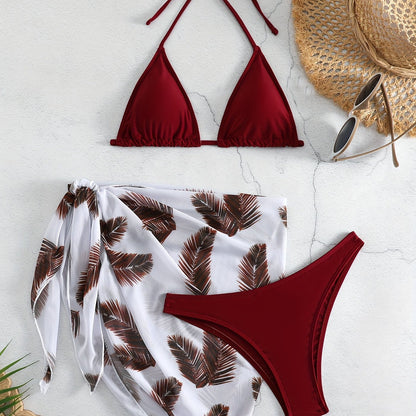 Feather Luxe 3-Piece Bikini Set – Exotic Feather Print Halter Neck Backless Swimsuit with High Cut Tie Back Bottoms and Wrap Cover-Up – Women’s High-Stretch Comfortable Swimwear for Summer Beach &amp; Pool Vacations
