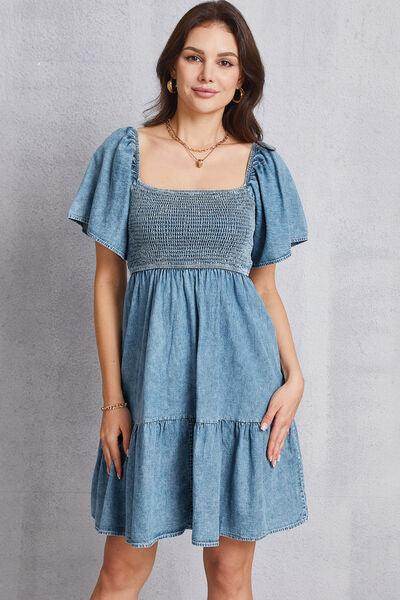Smocked Square Neck Mini Denim Dress for Women Stylish