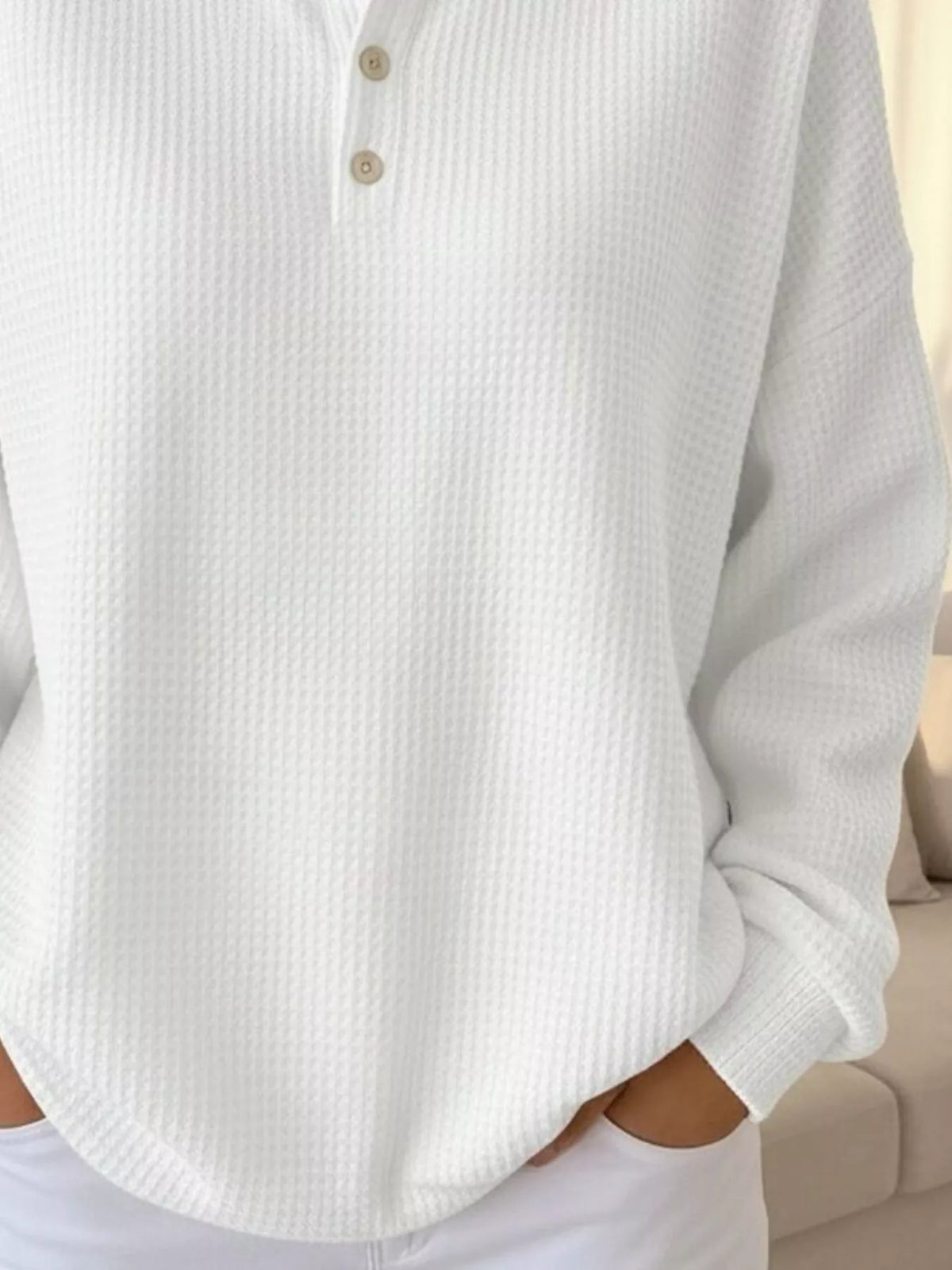 Full Size Waffle Knit Button Detail Sweatshirt Plus Size