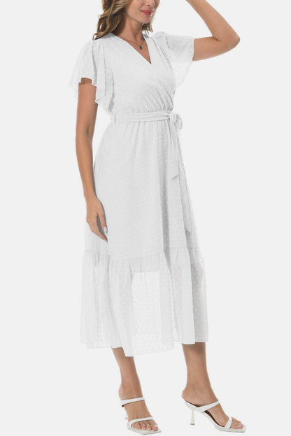 Surplice Neck Flutter Sleeve Tied Dress for Chic Style