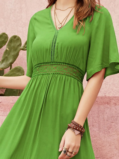Lace Detail V-Neck Short Sleeve Dress