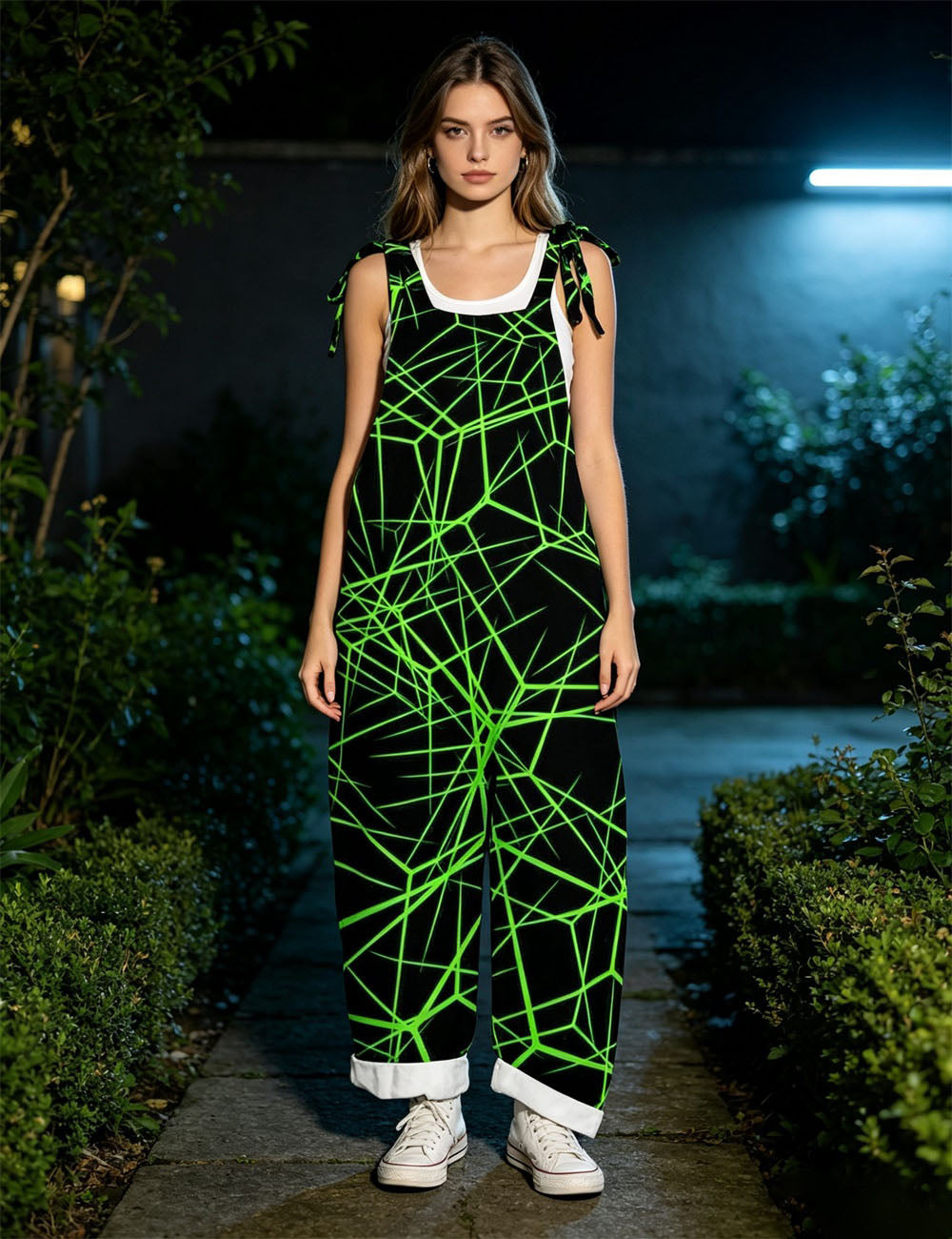 Women Green Geometric Line Print Tie Strap Overalls, Loose Wide Leg Rolled Cuff Casual Jumpsuit With Pockets