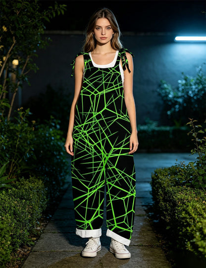 Women Green Geometric Line Print Tie Strap Overalls, Loose Wide Leg Rolled Cuff Casual Jumpsuit With Pockets