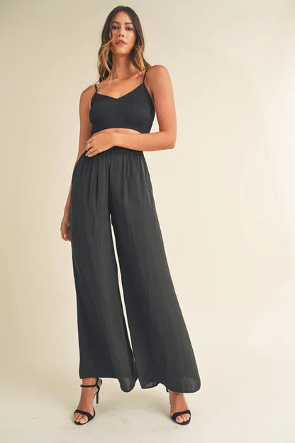 MABLE Smocked Bralette Crop Top and Wide Leg Pants Set