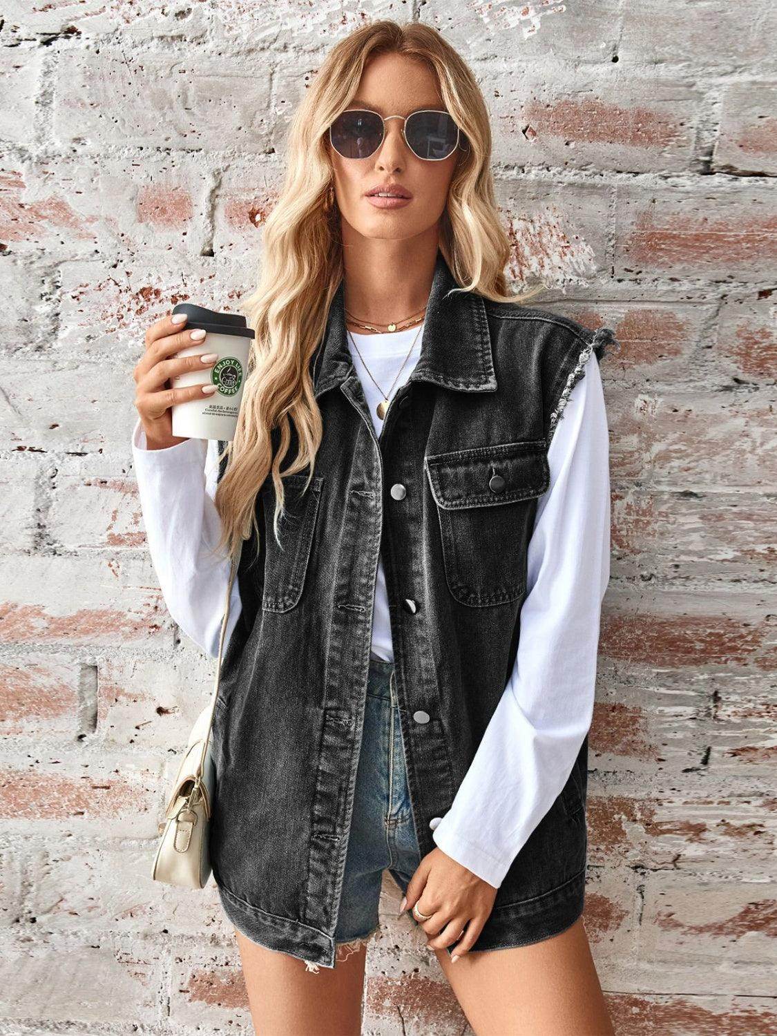 Raw Hem Sleeveless Button Up Denim Jacket for Women