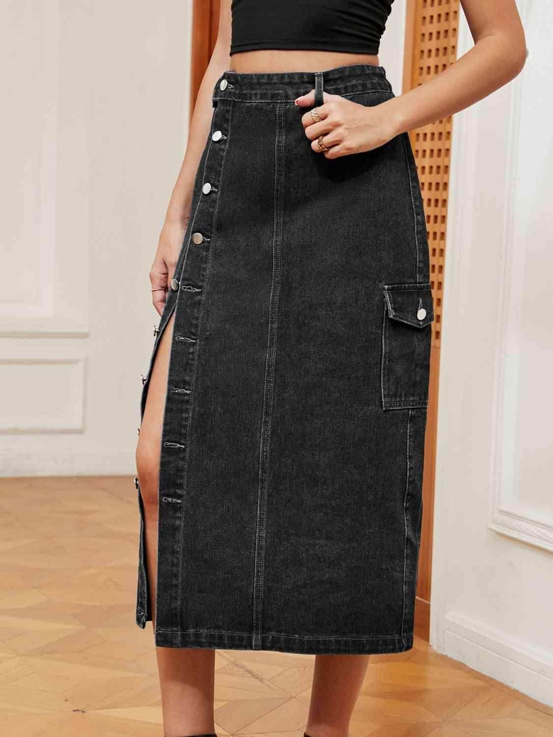 Button Down Midi Denim Skirt with Pockets and Button Detail