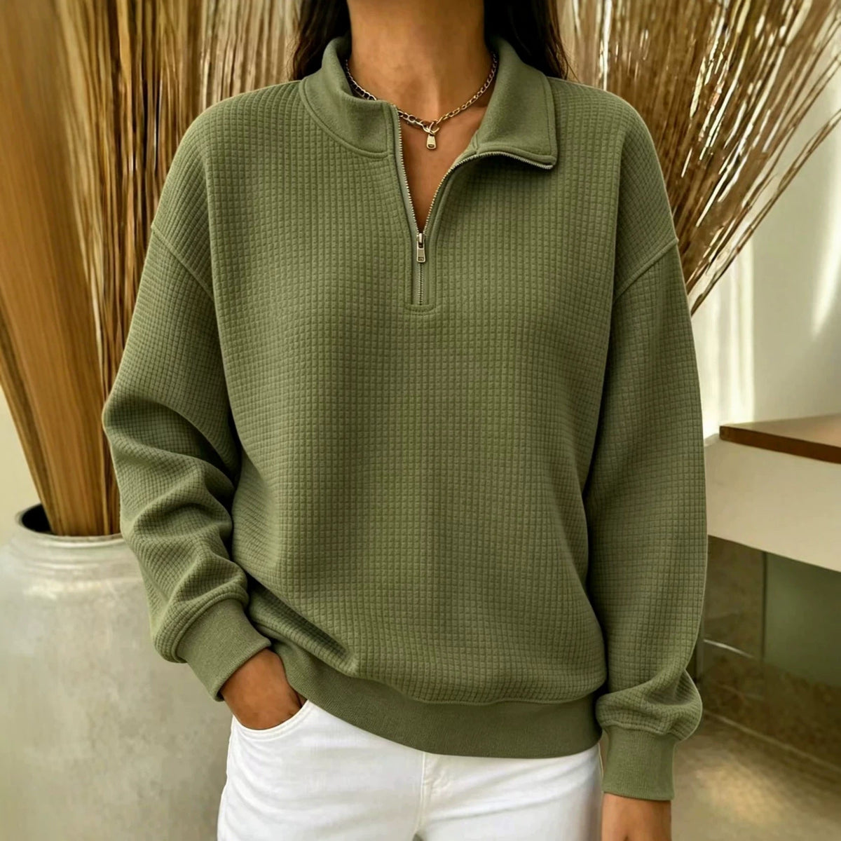 Solid Color Stand Collar Long-sleeve Zipper Stitching Women&