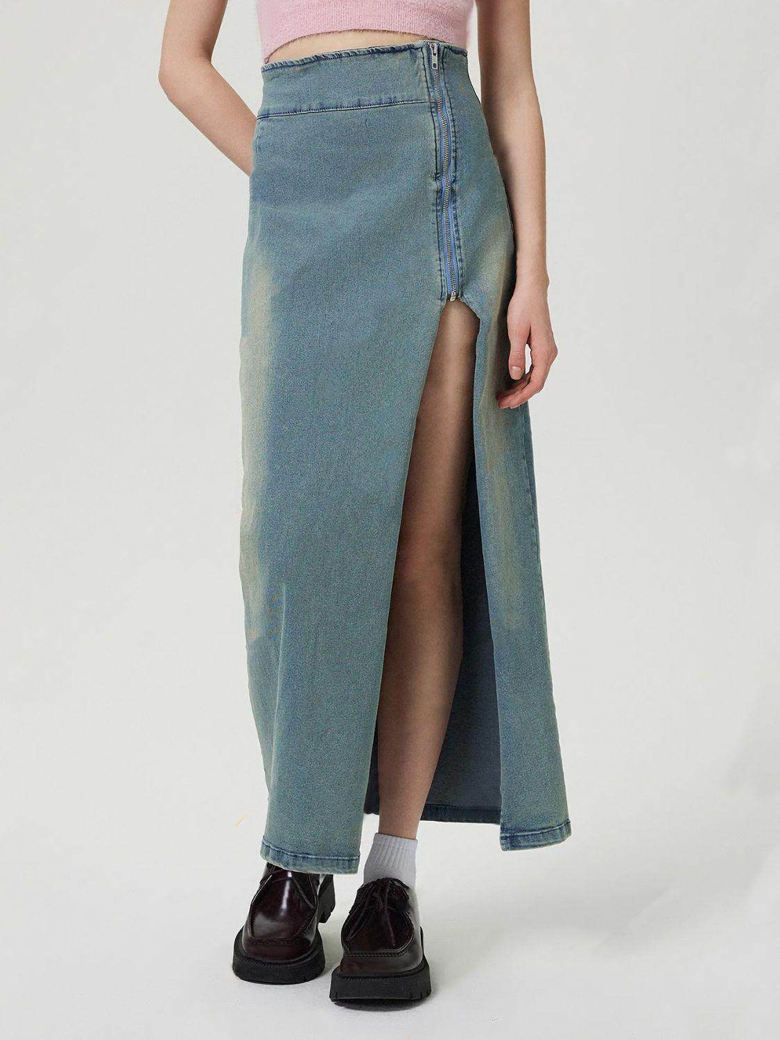 Slit Denim Skirt with Zip for Women in Various Sizes