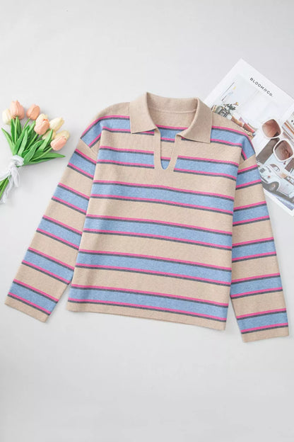 Striped Color Block Johnny Collar Sweater