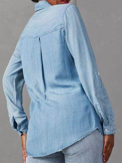 Collared Neck Roll-Tab Sleeve Denim Top for Women