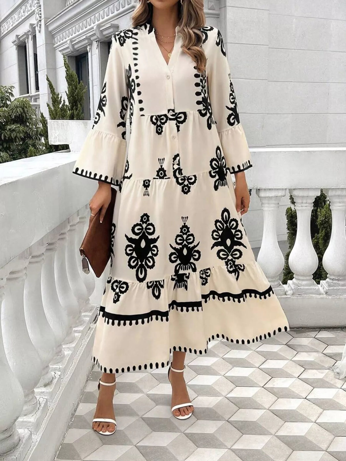 Bohemian Print Tiered Midi Dress