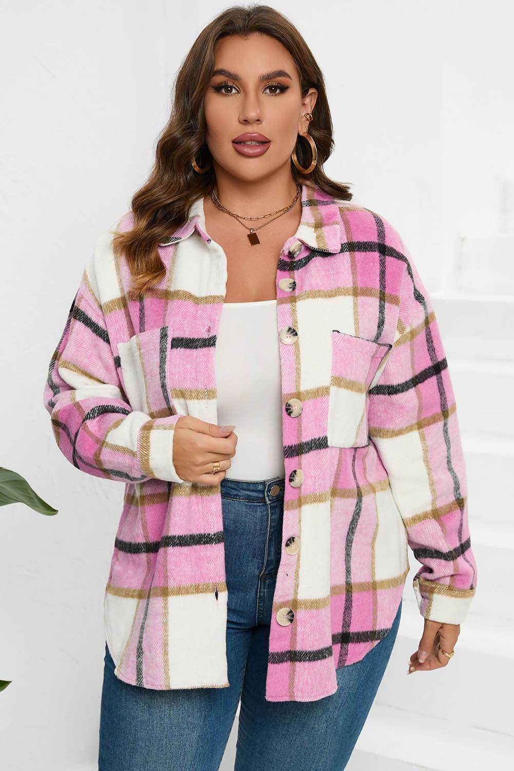 Plaid Button Up Dropped Shoulder Jacket for Women Stylish