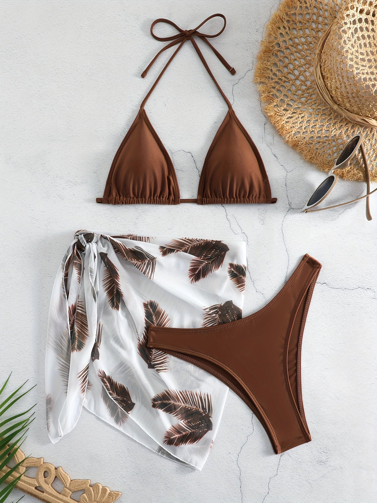 Feather Luxe 3-Piece Bikini Set – Exotic Feather Print Halter Neck Backless Swimsuit with High Cut Tie Back Bottoms and Wrap Cover-Up – Women’s High-Stretch Comfortable Swimwear for Summer Beach &amp; Pool Vacations