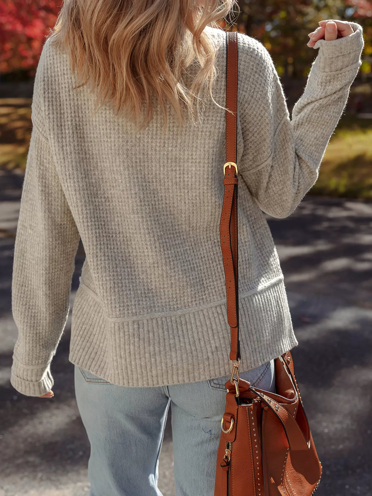 Waffle Texture Knit Ribbed High Neck Drop Shoulder Sweater