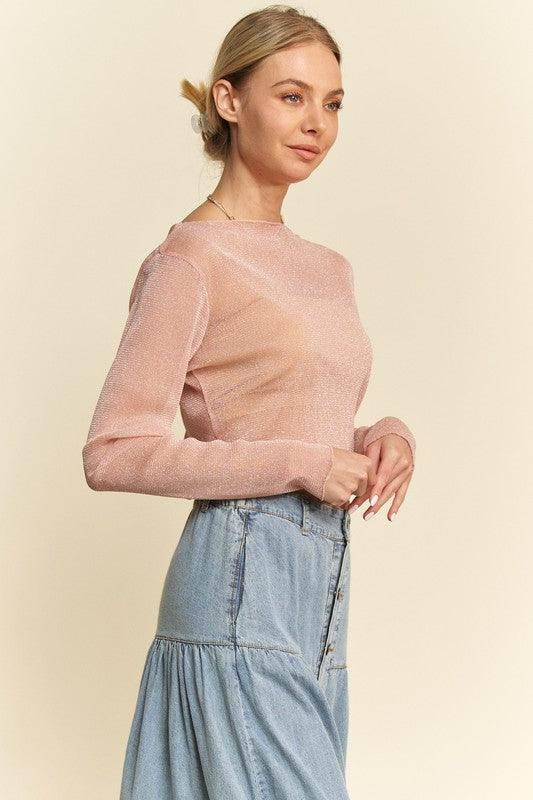 Davi &amp; Dani Glitter Mesh Lettuce Hem Long Sleeve Top Women