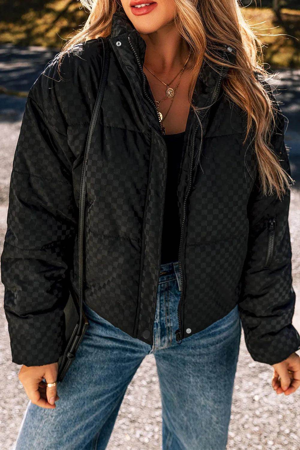 Checkered Turtleneck Zip Up Long Sleeve Winter Coat Style