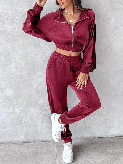 Zip Up Long Sleeve Cropped Top and Joggers Set for Women