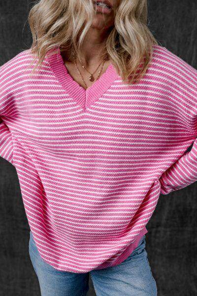 Striped V-Neck Dropped Shoulder Sweater for Women