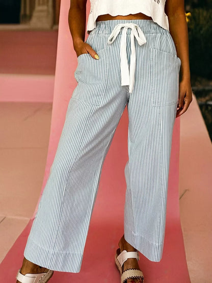 Stripe Mid Rise Drawstring Waist Jeans
