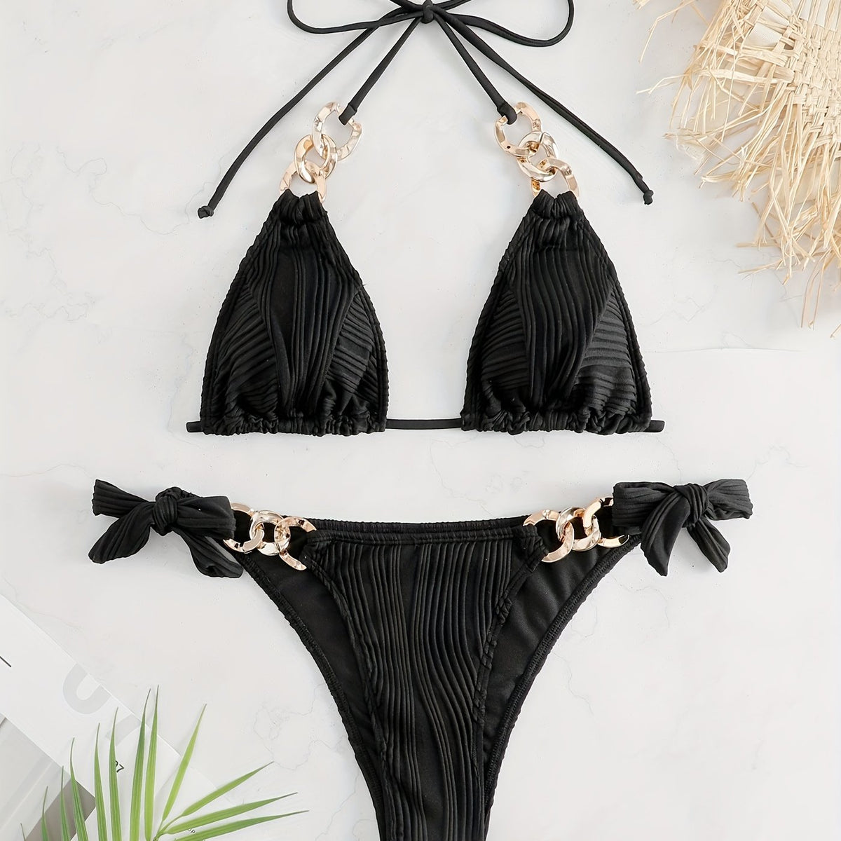 Bikini Ruched Texture Golden Chain 2 Piece Triangle Swimsuit for Women – Striped Halter Bikini Set with Bow Tie Side and Elegant Ring Link Detail – Stretchy Beachwear for Pool Bathing and Summer Vacations