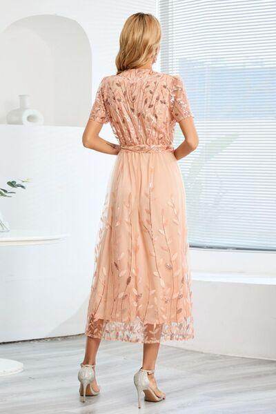 Sequin Leaf Embroidery Tie Front Short Sleeve Dress for Women