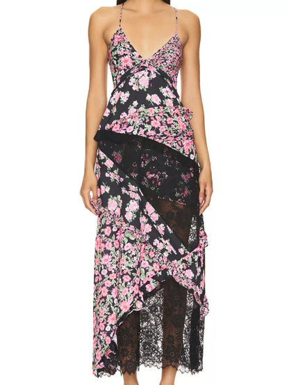 Lace Detail Ruffled Floral V-Neck Maxi Dress