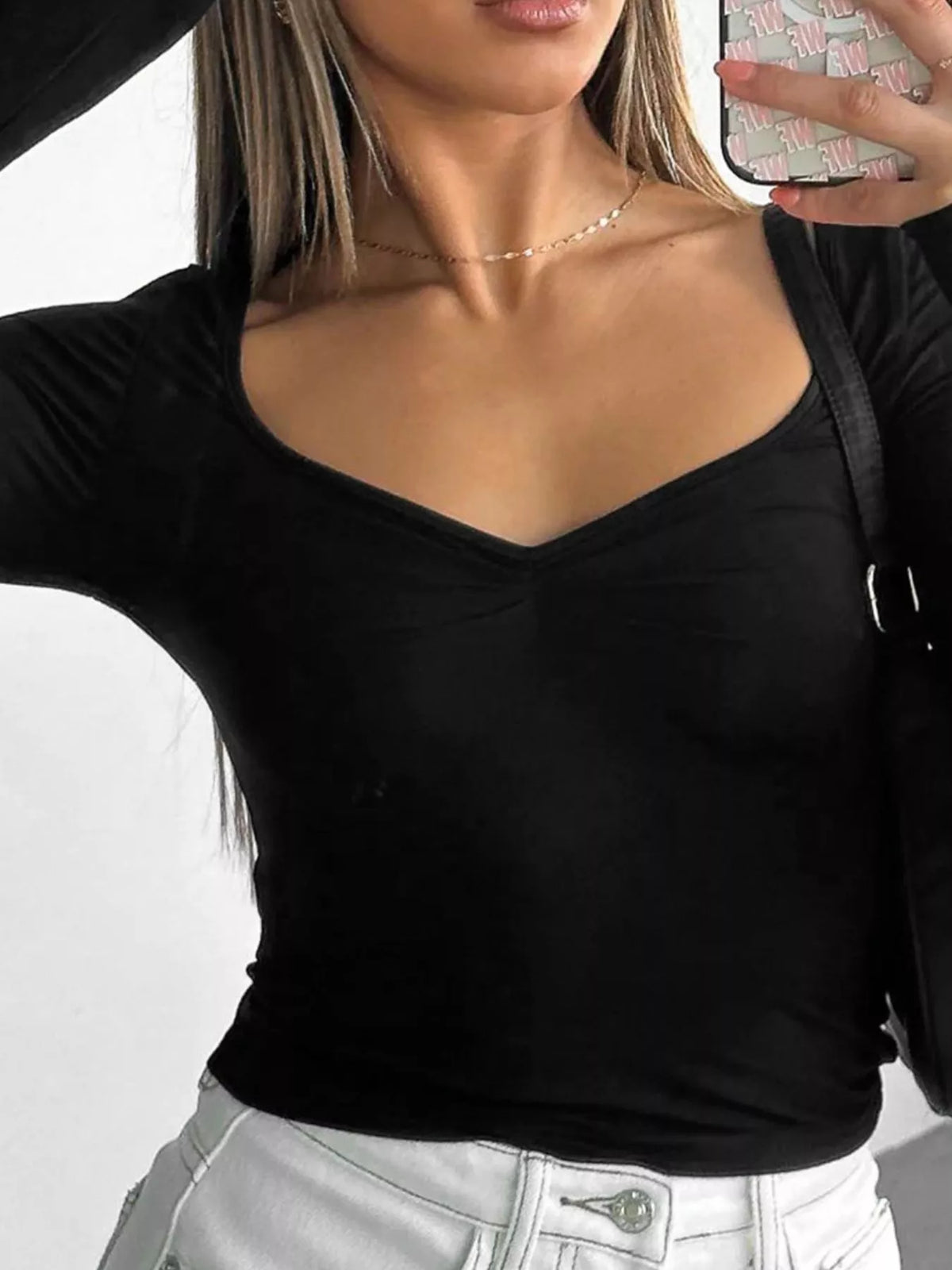Long Sleeve Sweetheart Neck Crop T-Shirt