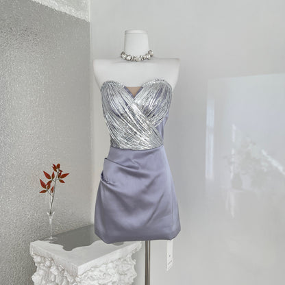 Lustrous Silver Shimmer Sexy Strapless Women&