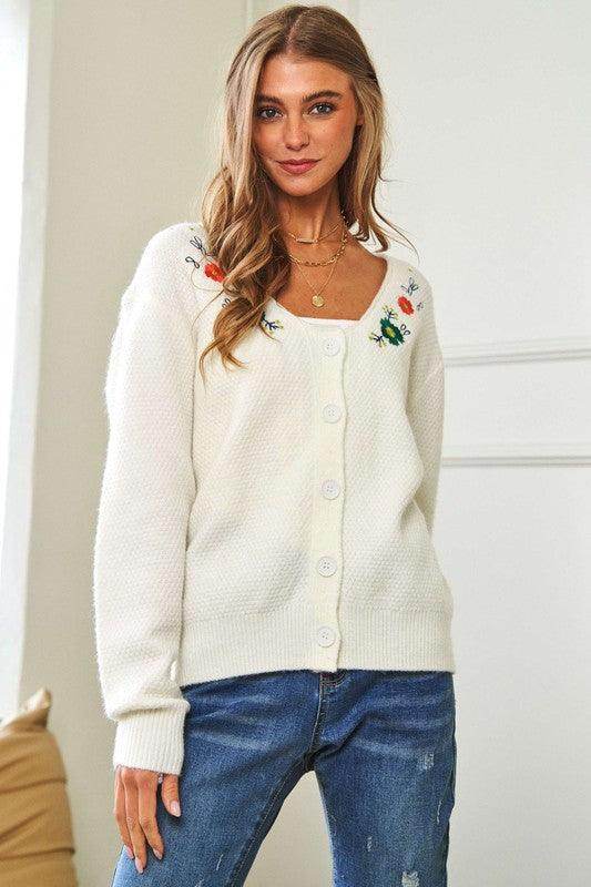 Davi &amp; Dani Flower Embroidered Button Up Long Sleeve Cardigan