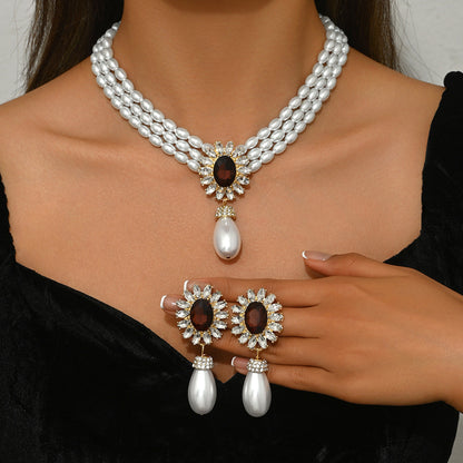 Geometric Light Luxury European American Women Jewelry Set, Niche Crystal Inlaid Multi-Layer Clavicle Chain Pearl Necklace &amp; Matching Earrings