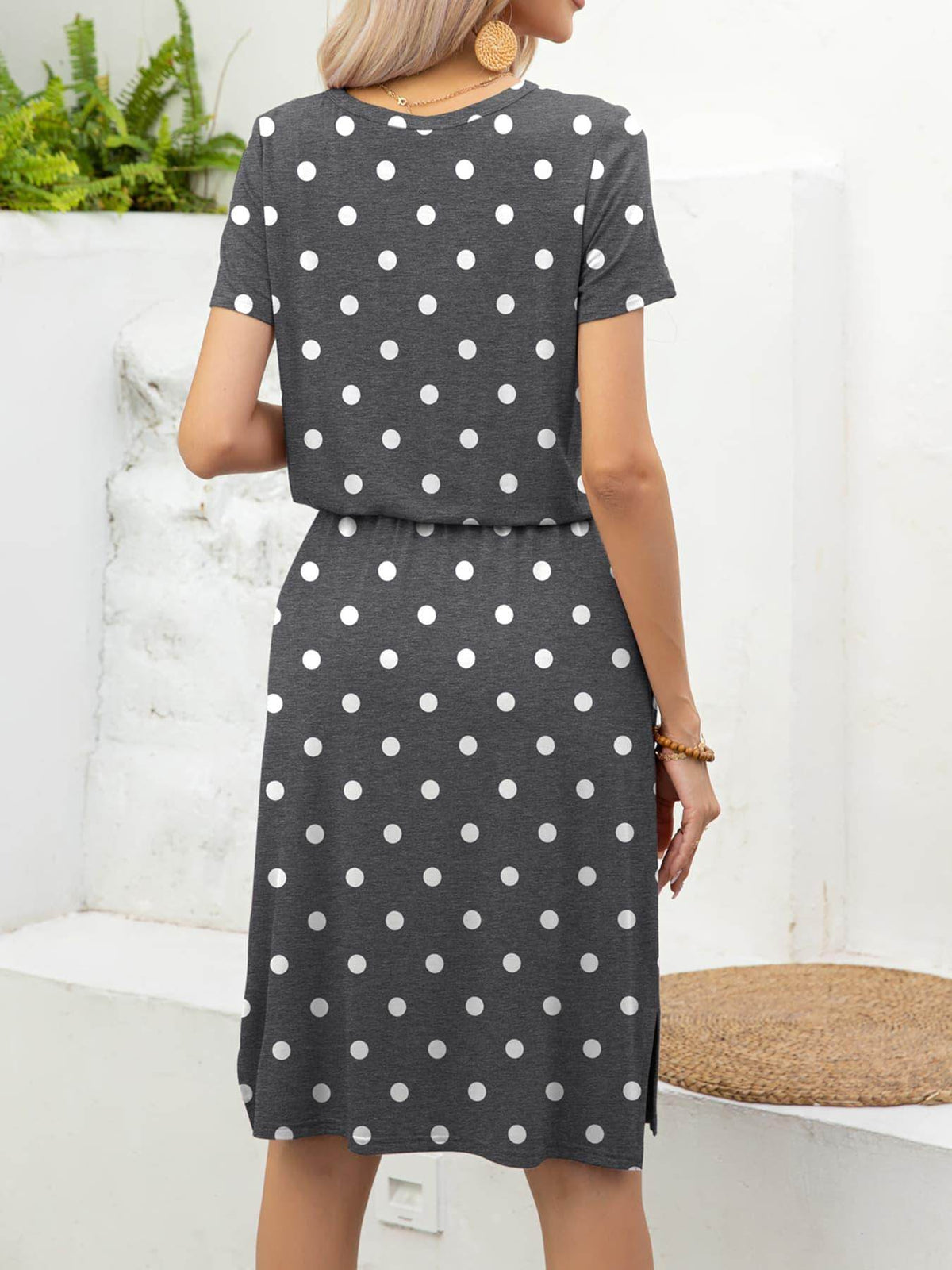Round Neck Short Sleeve Slit Dress with Pockets for Women