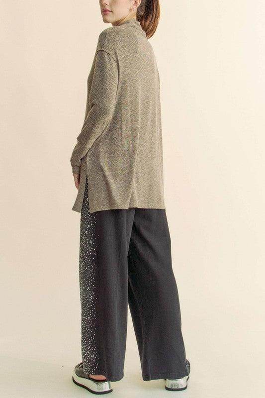 Davi &amp; Dani Slit Mock Neck Long Sleeve Top for Women