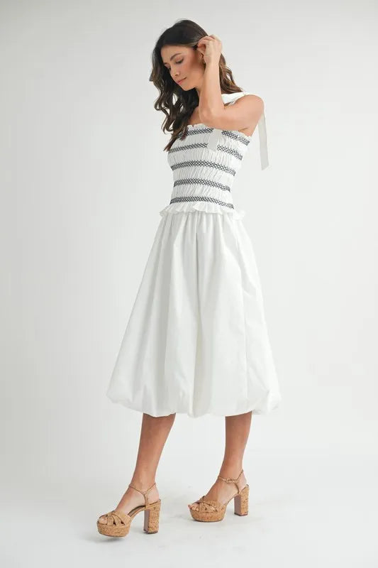 MABLE Smocked Bodice Bubble Midi Dress