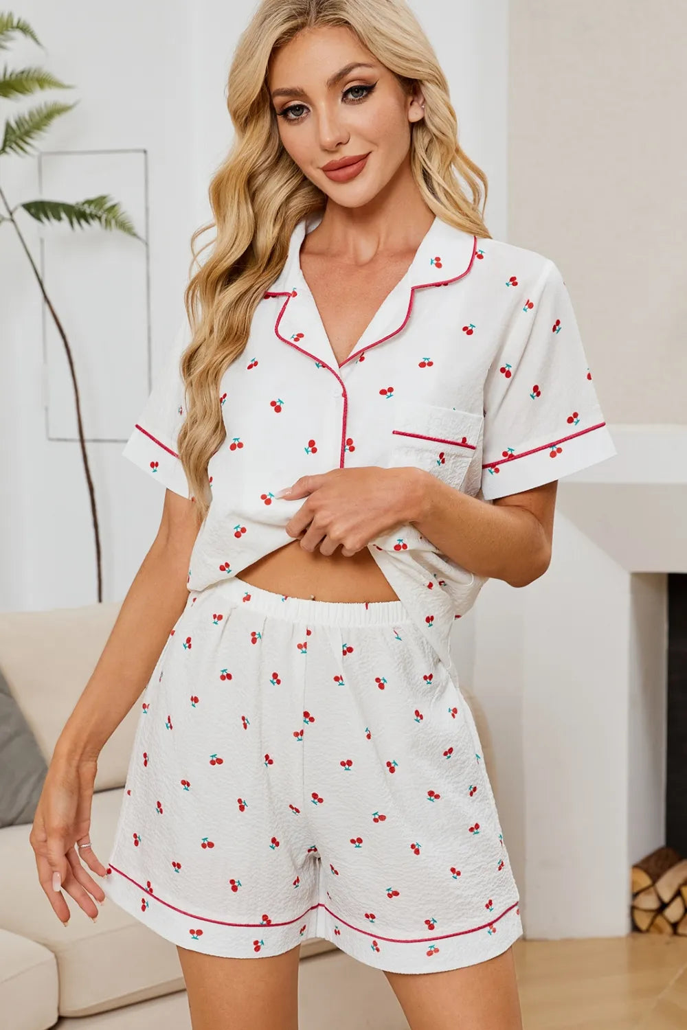 Cheery Print Collared Neck Top and Shorts Lounge Set