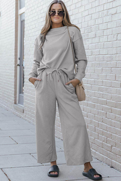 Double Take Full Size Textured Long Sleeve Top and Drawstring Pants Set for Women