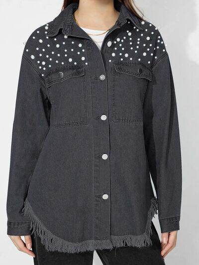 Raw Hem Pearl Trim Collared Neck Denim Top for Women