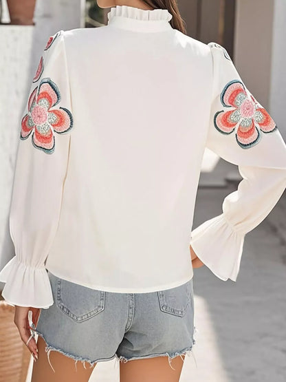 Floral Embroidered Notched Long Sleeve Blouse