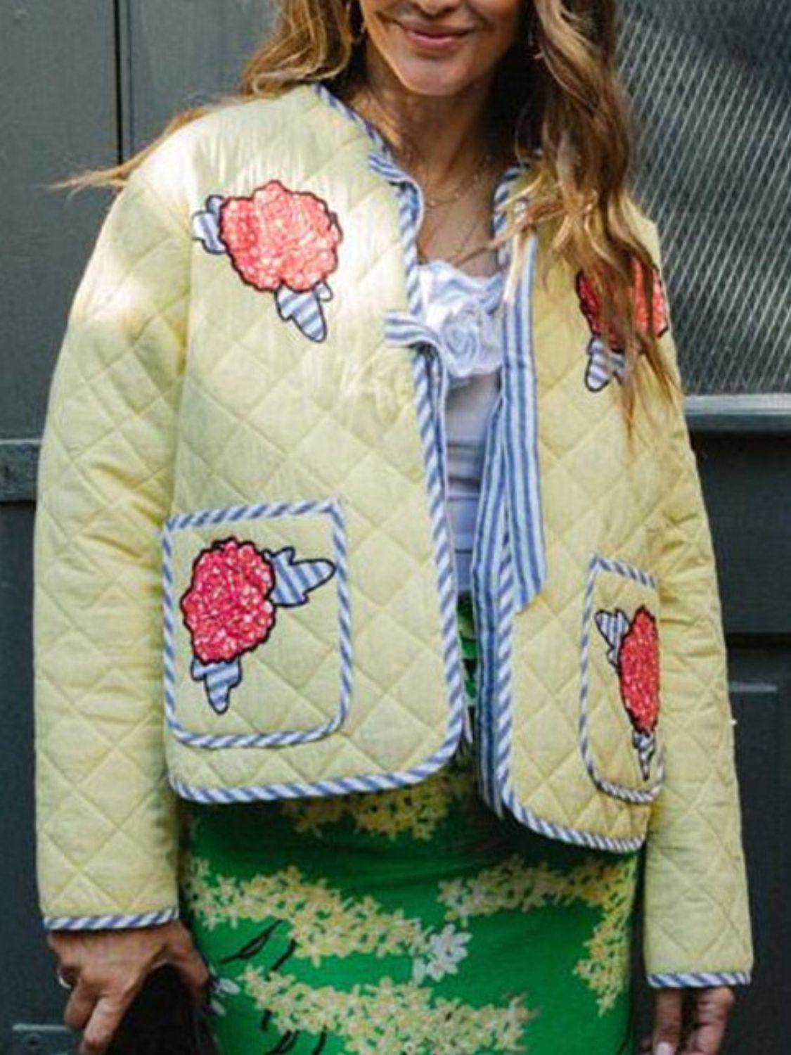 Embroidered Flower Tied Long Sleeve Winter Coat for Women