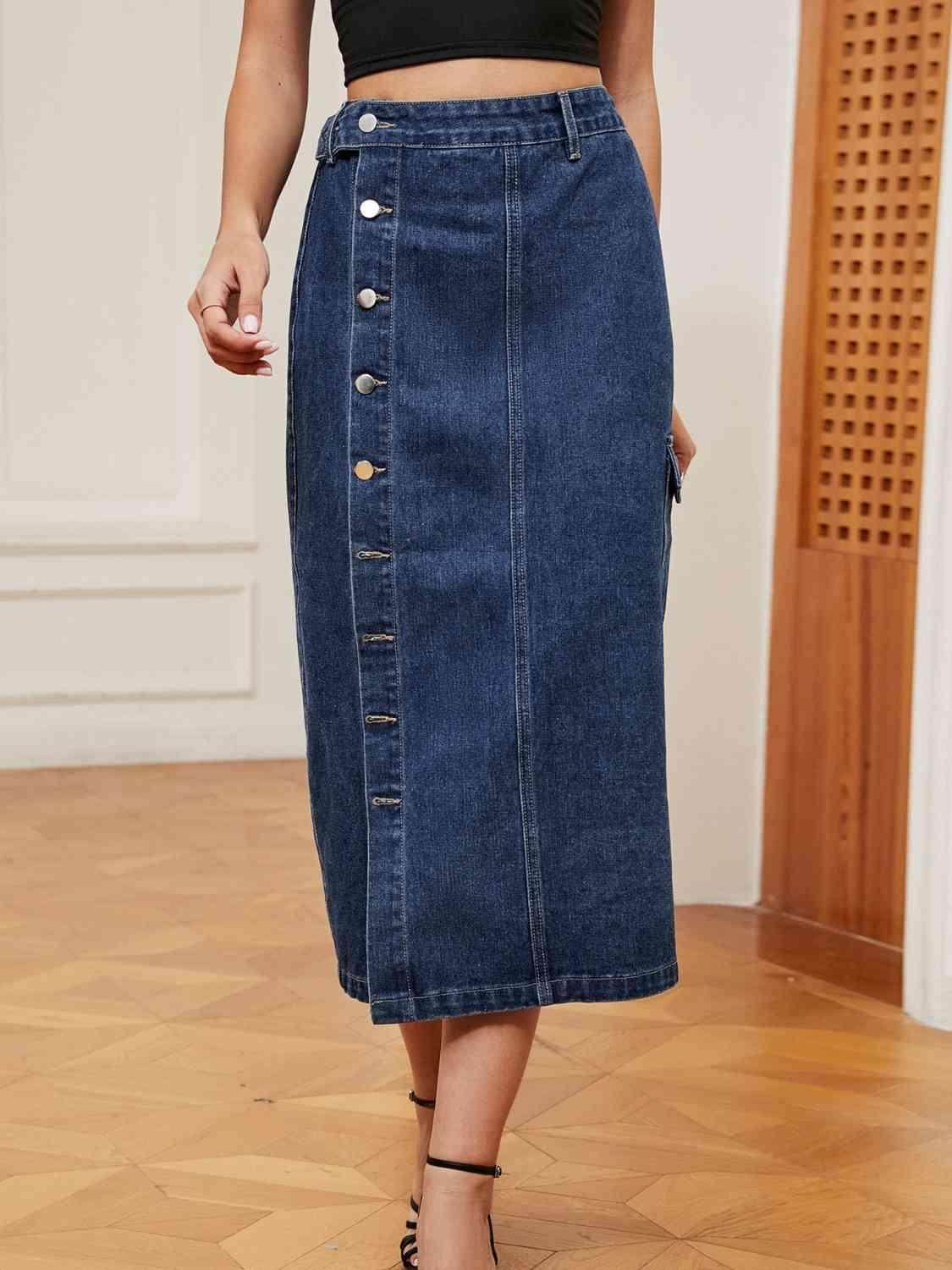 Button Down Midi Denim Skirt with Pockets and Button Detail