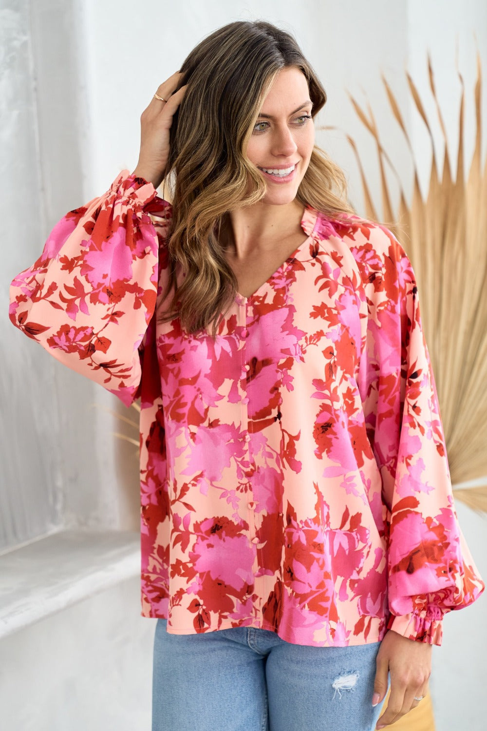 Hailey &amp; Co Ruffle V-Neck Decor Button Floral Blouse