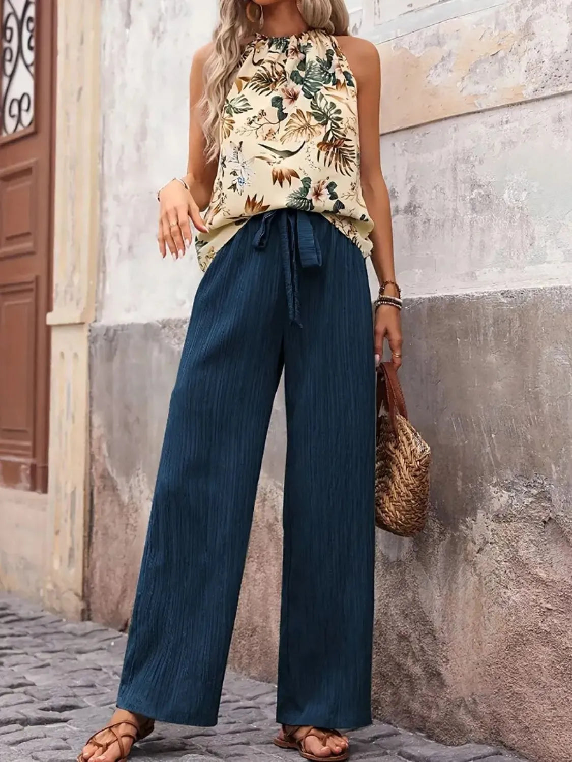 Printed Tank Top and Wide Leg Pants Set