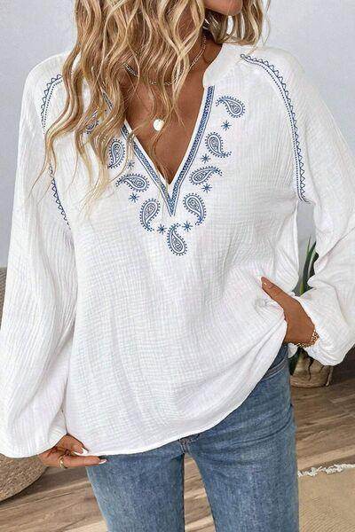 Embroidered Notched Long Sleeve Blouse for Women Fashion