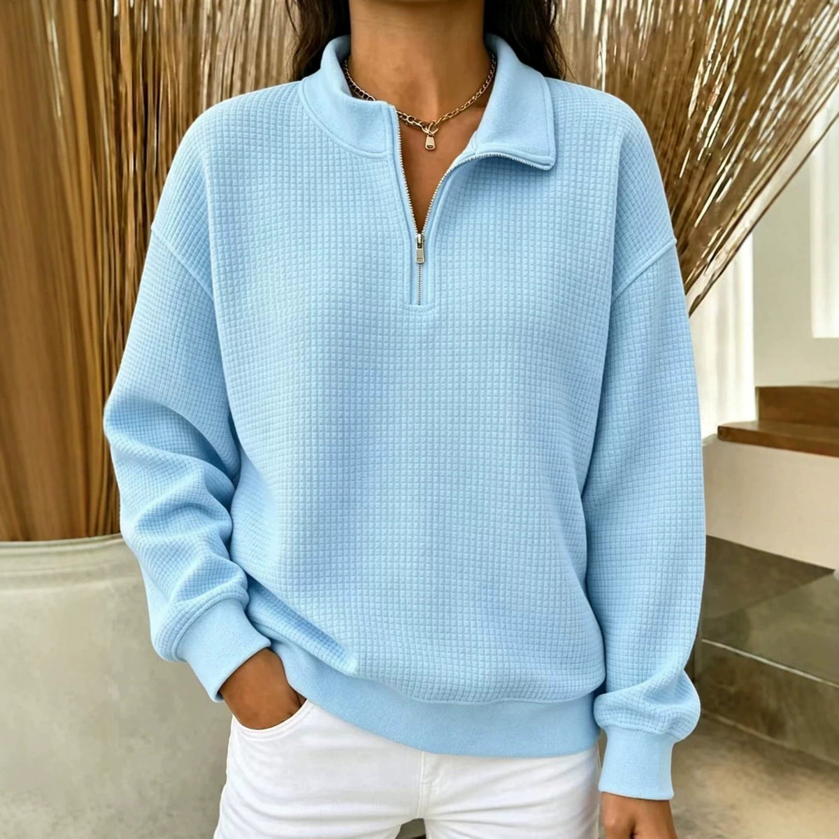 Solid Color Stand Collar Long-sleeve Zipper Stitching Women&