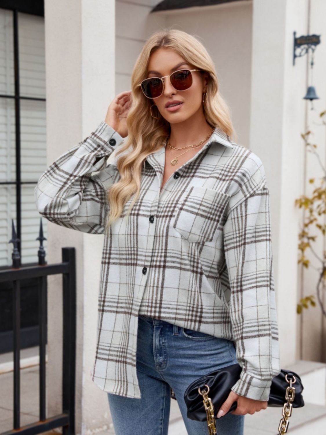 Stretchy Plaid Button-Down Shirt